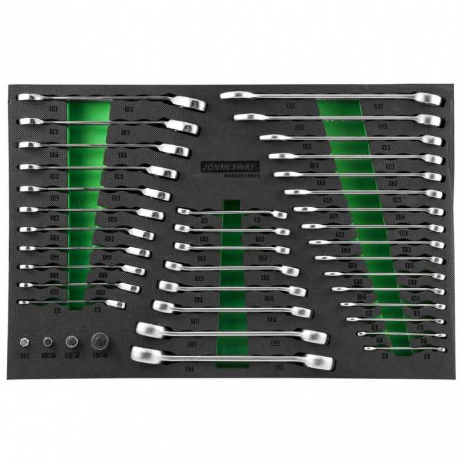 Набор трещоточных с реверсом комбинированных ключей и 1/4&amp;quot;DR, 3/8&amp;quot;DR, 1/2&amp;quot;DR адаптеров, разрезных ключей и комбинированных ключей JONNESWAY W60246139SV, 39 предметов (EVA ложемент 560х400 мм)